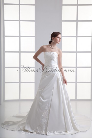 Satin Strapless A-line Chapel Train Ruched Wedding Dress