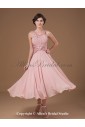 Chiffon Halter Neckline Tea-length Column Mother Of The Bride Dress with Sequins and Ruffle
