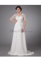 Chiffon and Lace V-Neck Sweep Train A-line Mother Of The Bride Dress with Short Sleeves