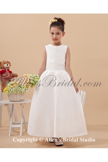 Satin Jewel Neckline Ankle-Length Ball Gown Flower Girl Dress with Embroidered