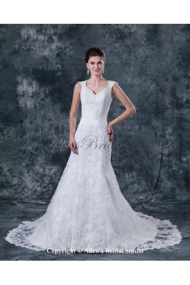 Satin and Lace V-Neck Chapel Train A-Line Wedding Dress with Embroidered Beading