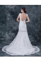 Satin and Lace V-Neck Chapel Train A-Line Wedding Dress with Embroidered Beaded