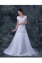 Satin and Tulle Square Neckline Court Train A-Line Wedding Dress
