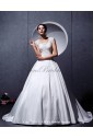 Satin and Lace Square Neckline Chapel Train A-Line Wedding Dress with Embroidered