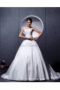 Satin and Lace Square Neckline Chapel Train A-Line Wedding Dress with Embroidered