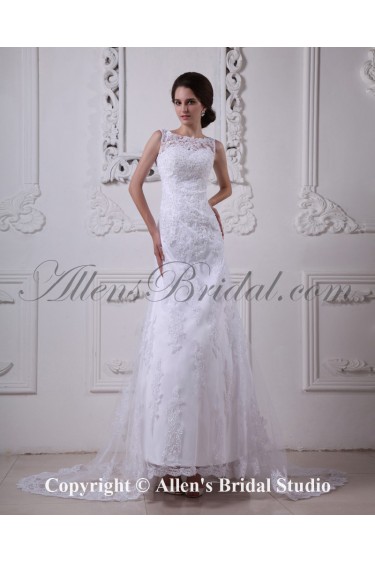 Satin and Lace Bateau Neckline Sweep Train A-Line Wedding Dress with Embroidered