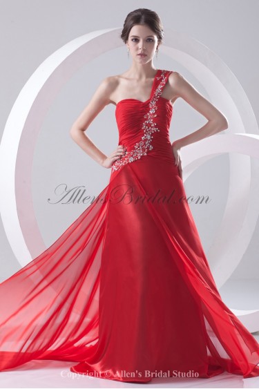 Chiffon One-shoulder Neckline A-line Sweep Train Embroidered Prom Dress