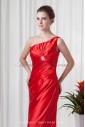 Satin Asymmetrical Neckline Sheath Floor Length Directionally Ruched Prom Dress