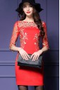 Knee-length 3/4 Length Sleeve Scoop Embroidery Mother of the Bride Dress