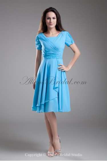 Chiffon Square Knee Length Short Sleeves A-Line Cocktail Dress