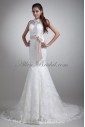 Satin and Lace Jewel Neckline Chapel Train Mermaid Sash Wedding Dress