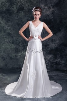 Satin V-Neck Neckline Sweep Train A-line Embroidered Wedding Dress