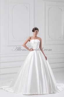Satin Scallop Neckline Sweep Train A-line Directionally Ruched Wedding Dress