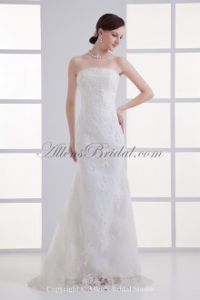 Satin and Net Strapless Neckline Sheath Floor Length Embroidered Wedding Dress