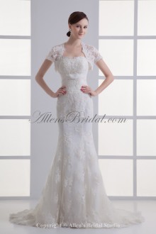 Satin and Net Strapless Neckline Sheath Sweep Train Embroidered Wedding Dress with Jacket