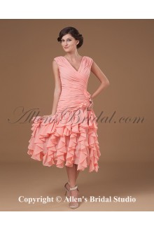 Yarn V-Neck Knee-length Column Mother Of The Bride Dress with Ruffle