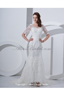 Satin Off-the-shoulder Court Train Mermaid Wedding Dress with Lace and Short Sleeves