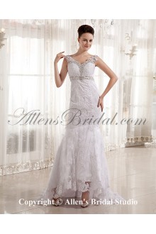 Satin and Lace V-Neck Court Train A-Line Wedding Dress with Embroidered