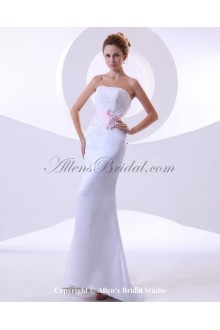 Satin Strapless Sweep Train Sheath Wedding Dress with Embroidered 