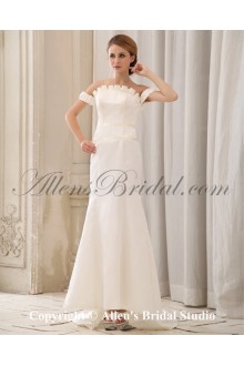 Satin Off-the-Shoudler Neckline Cathedral Train Sheath Wedding Dress with Pleated