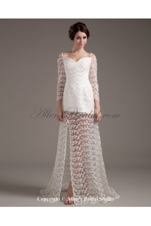 Satin and Lace Sweetheart Floor Length A-Line Wedding Dress with Long Sleeves