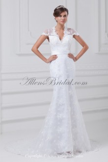 Lace V-Neck Neckline Floor Length Sheath Cap Sleeves Wedding Dress